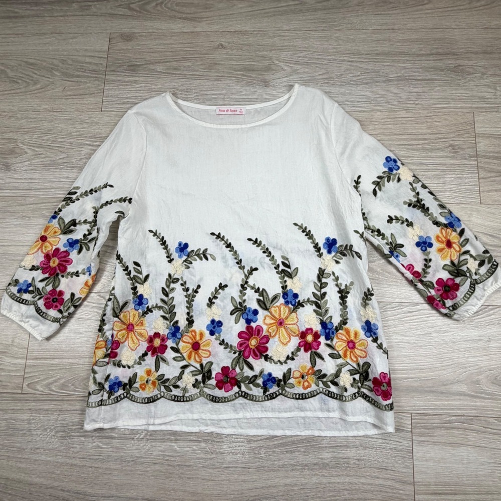 Ana & Rose Womens White Floral Embroidered Boho Blouse Top Medium - Picture 1 of 8